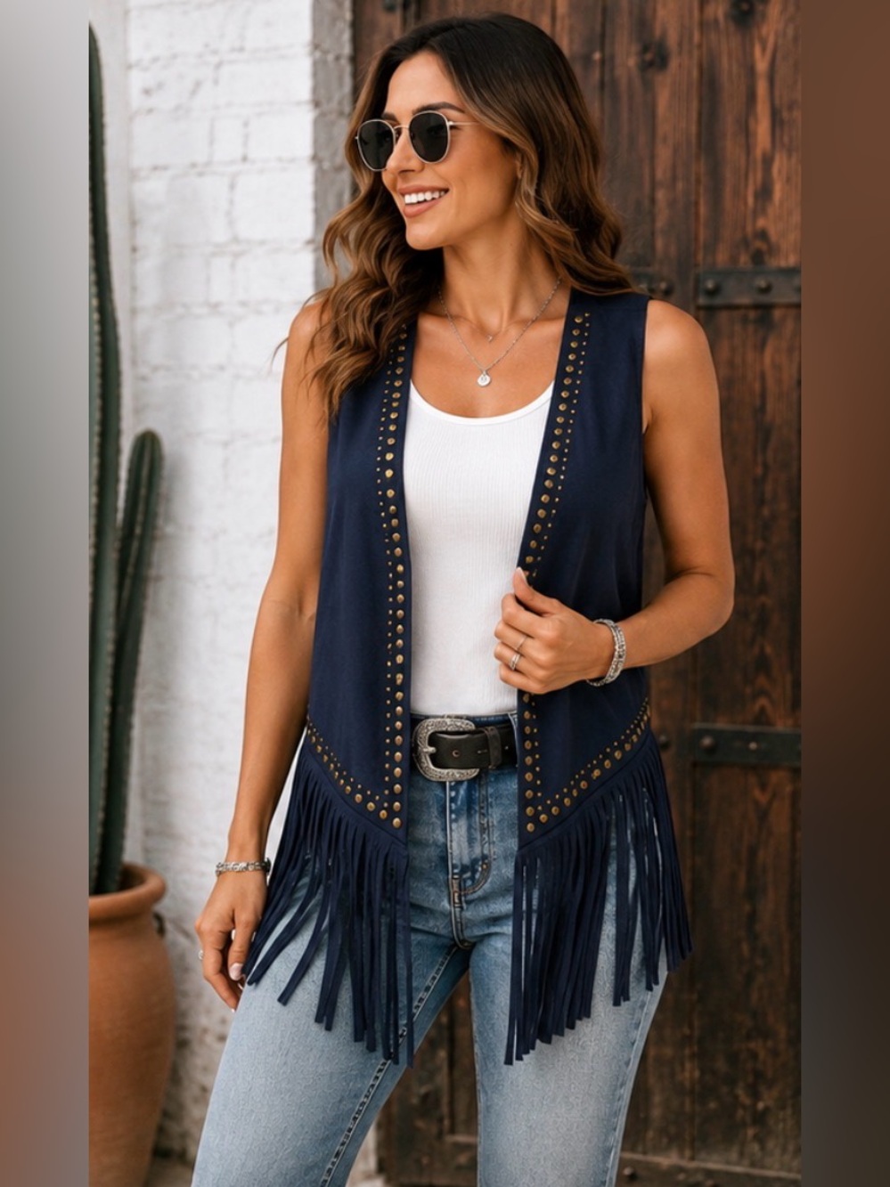 481 Montana West Navy Faux Suede Fringe Vest Studded Western Boho Festival